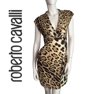 Roberto Cavalli Leopard-Print V-Neck Mini Dress in Tan and Black